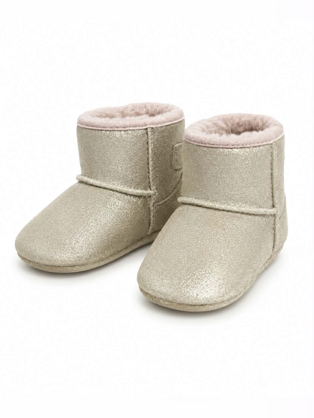 UGG Sparkle Gold Suede Baby Booties Plush Pink Trim & Bow – Size 4/5 Toddler EUC
